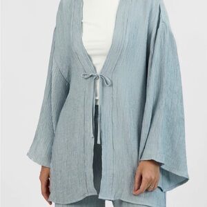 Light Blue Textured Tie-Front Tunic Top